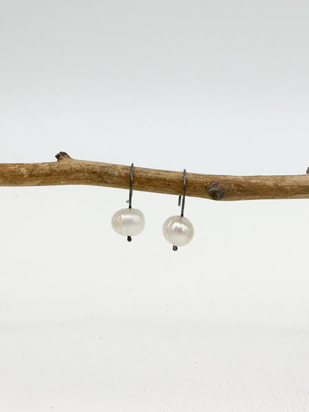 White Freshwater Pearl Earrings with Blackened Ear Wires