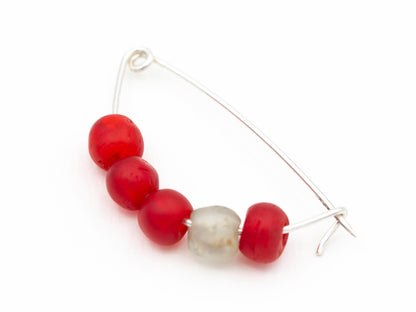 Red - Sterling and Glass Trade Bead Fibula Brooch