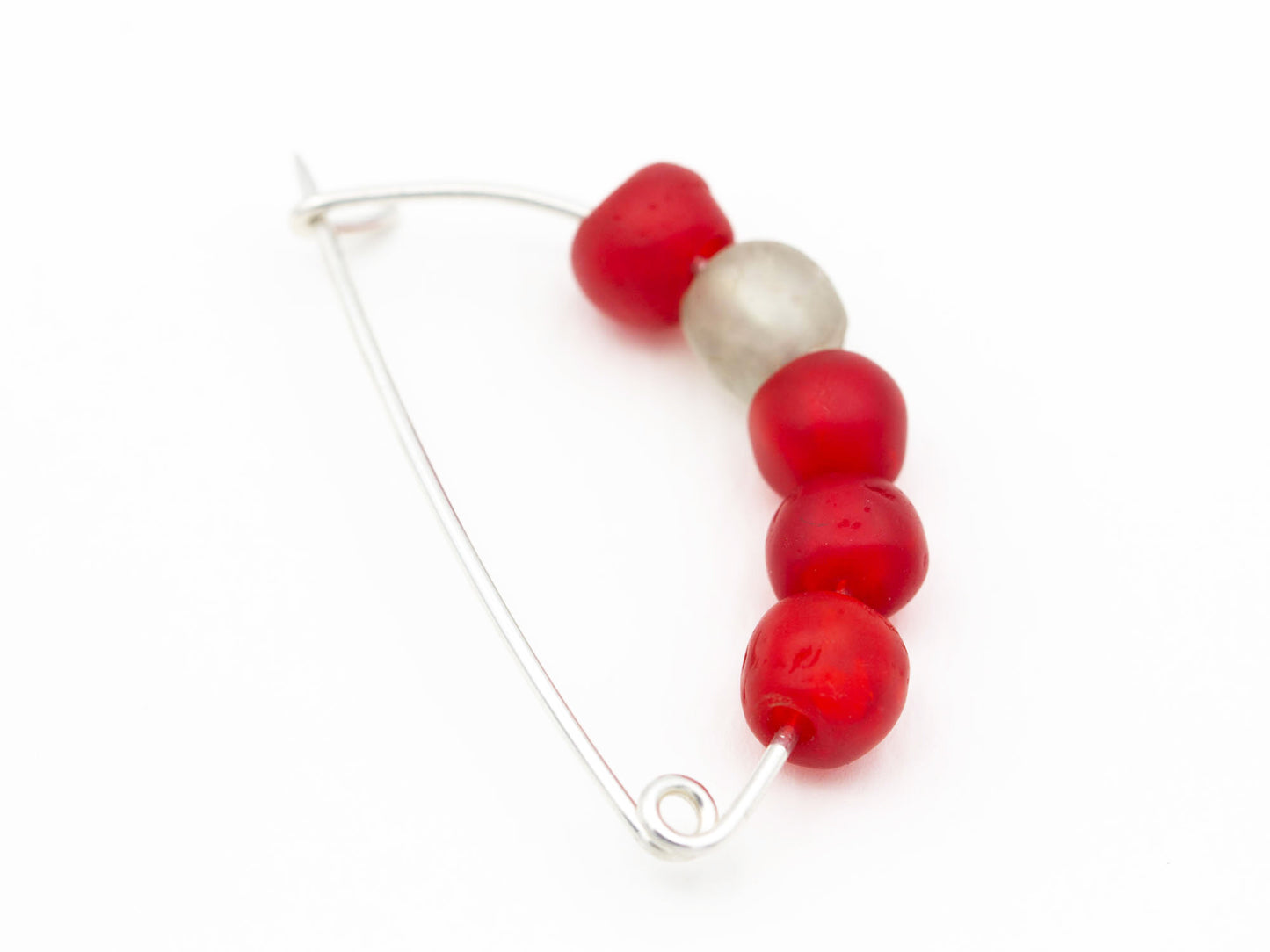 Red - Sterling and Glass Trade Bead Fibula Brooch