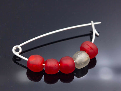 Red - Sterling and Glass Trade Bead Fibula Brooch