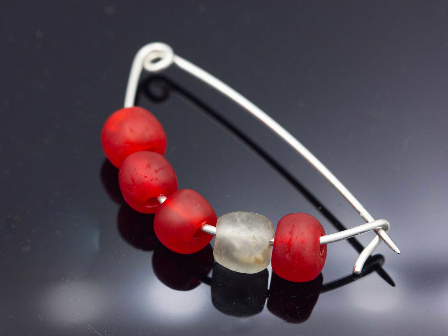 Red - Sterling and Glass Trade Bead Fibula Brooch